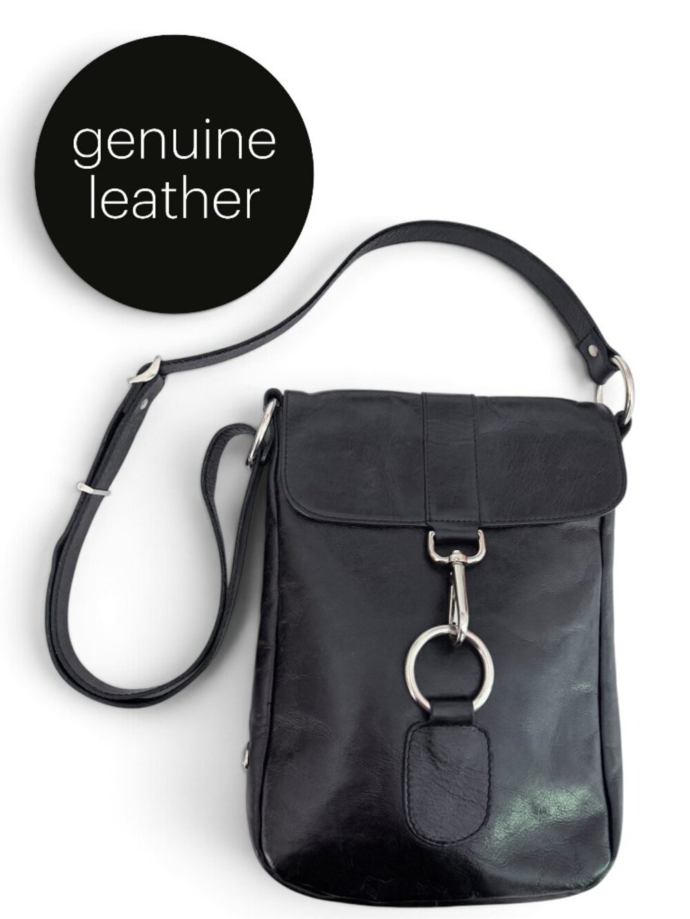 THE TREND Black Italian Leather Crossbody Shoulder Bag Silver Hardware